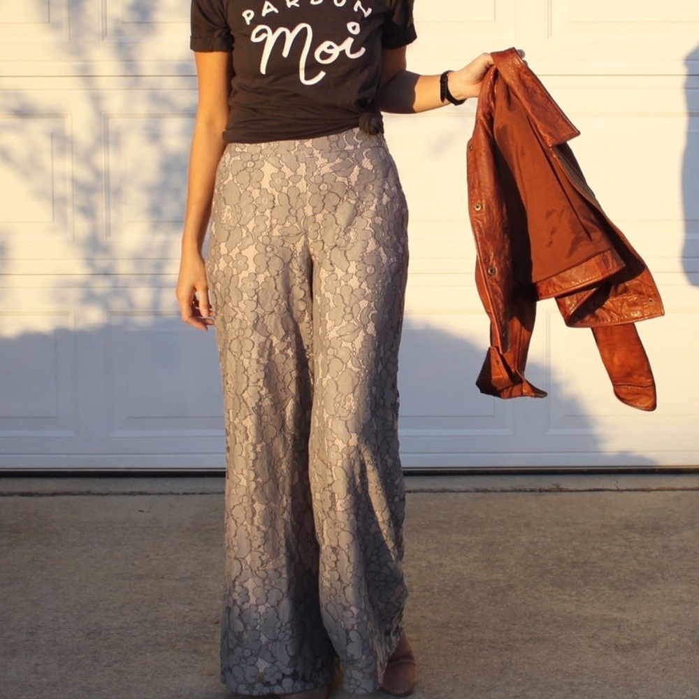 Anthropologie Feather Bone Gray Lace Wide-Leg Pants - Picture 2 of 7
